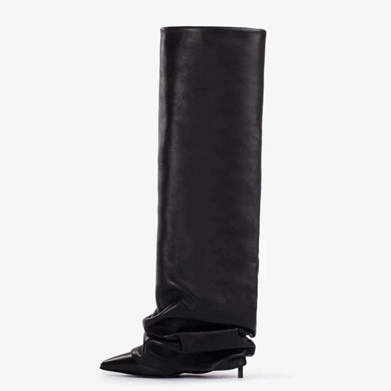 42 / Black Pleated Upper Thin High Heel Pointed Toe Overlay Shoes Dress Stiletto Pants Boots Women's Folded Over Knee High Booties