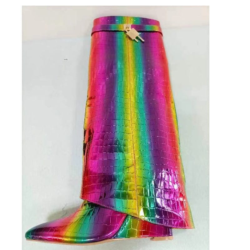 42 / Mixed Mixed Color Stone Pattern Metallic Folds Knee High Boots Women Wedge Heels Side Zipper Shark Lock Leather Women Winter Boots
