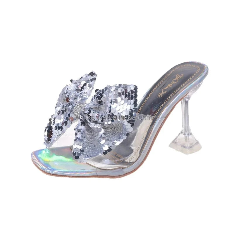 42 / silver Bowknot Dressy Heels Sandals Butterfly Floral Flower Square Toe Trendy Colorful Summer Sandals Heels for Women Summer