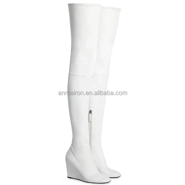 42 / White Anmairon In Stock Fast Shipping Stretch Leather Over The Knee Bright Color Women Wedge Boots