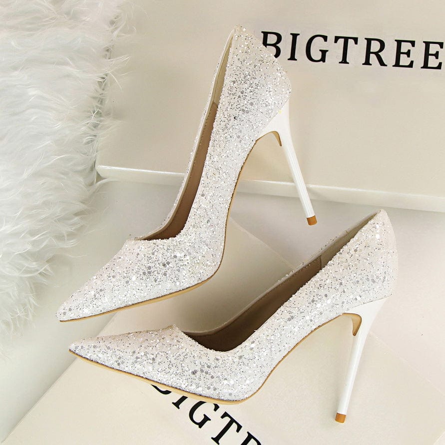 42 / White S4675F     High-heel shallow mouth pointed toe sparkling sequins sexy slimming  wedding luxury shoes women