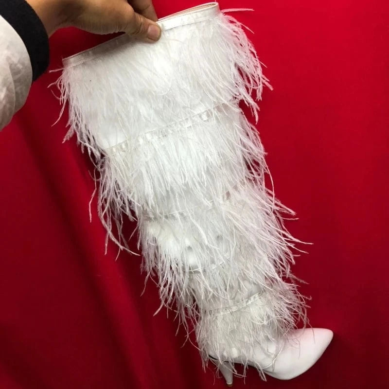 42 / White UBILILIA ladies Ostrich Turkey fur winter Thigh High Gladiator Boots wide shaft girls luxury heels knee high boots for women