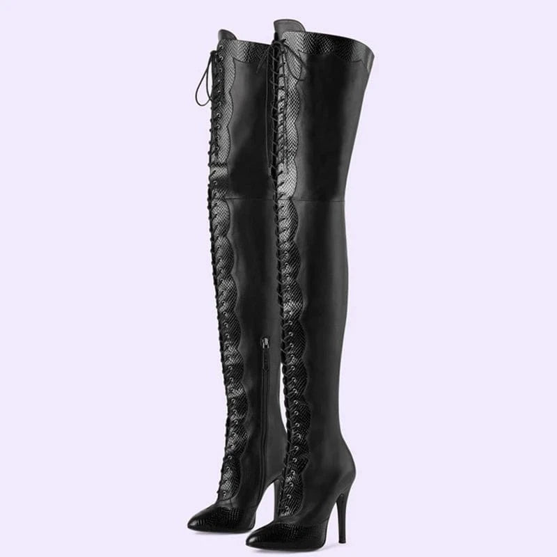 43 / Black Lace up Patchwork Thigh High Boots Women's Stiletto Over-knee Long Booties Snake Prints Thin Heels Wide Leg Fit Size 45