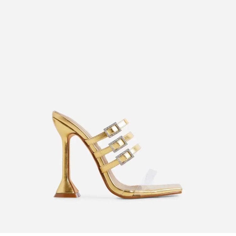 43 / Gold New Summer Women Slippers Thin High Heel Ladies Narrow Band Rome Sandal Shoes Brand Crystal Buckle Slides