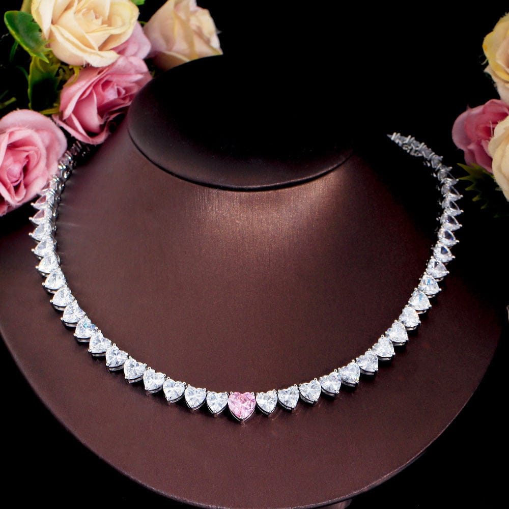 44 cm / DZ0064 Sparking White Heart Shaped Cubic Zirconia Stone Silver Plated Wedding Bridal Tennis Necklace Jewelry for Women CZ Accessories