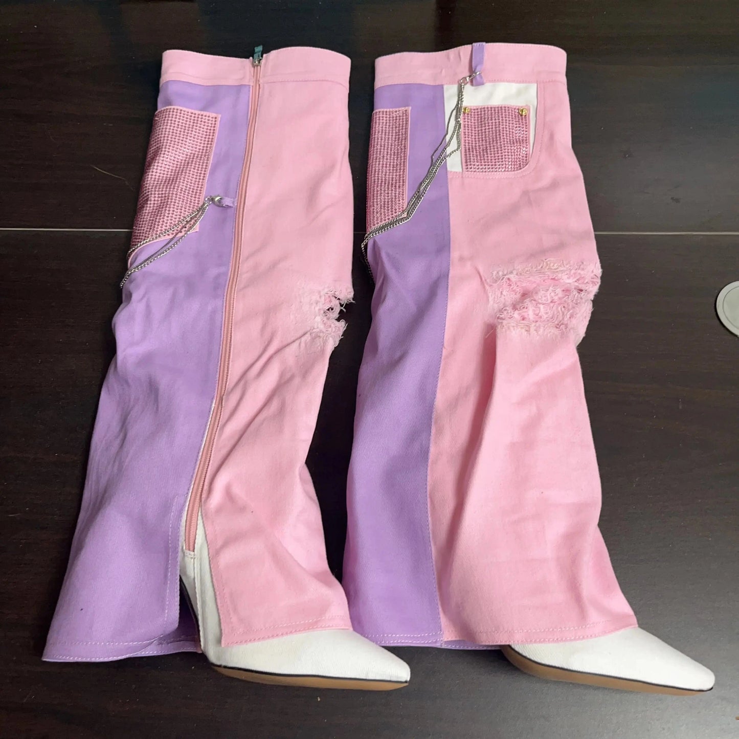 44 / Pink Chain Decor Women Denim Overlay Over Knee High Boots Ladies High Chunky Heels Shoes Patchwork Jeans Pants Long Booties