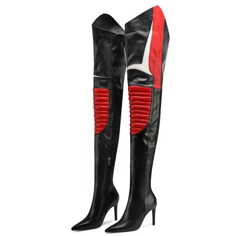 44 / Red Colorful Mixed Color Women's Over Knee Boots Slim High Heels Side Zipper Pointed Shoes Lady Large Size 44 Thigh High Booties