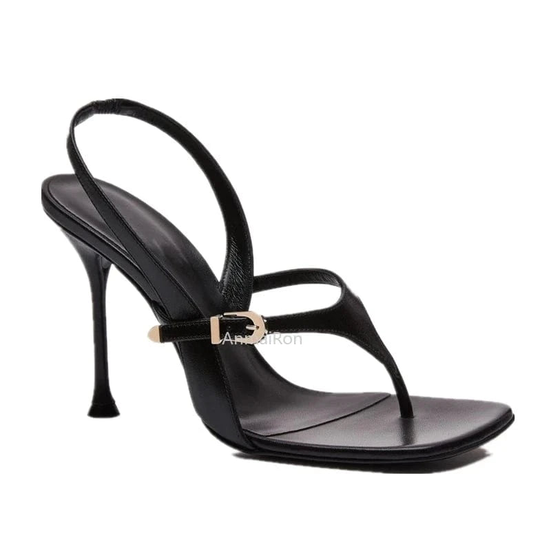 45 / Black 2023 New arrivals luxury sexy black leather strap thin heel designer thong sandals for women and ladies heel shoes