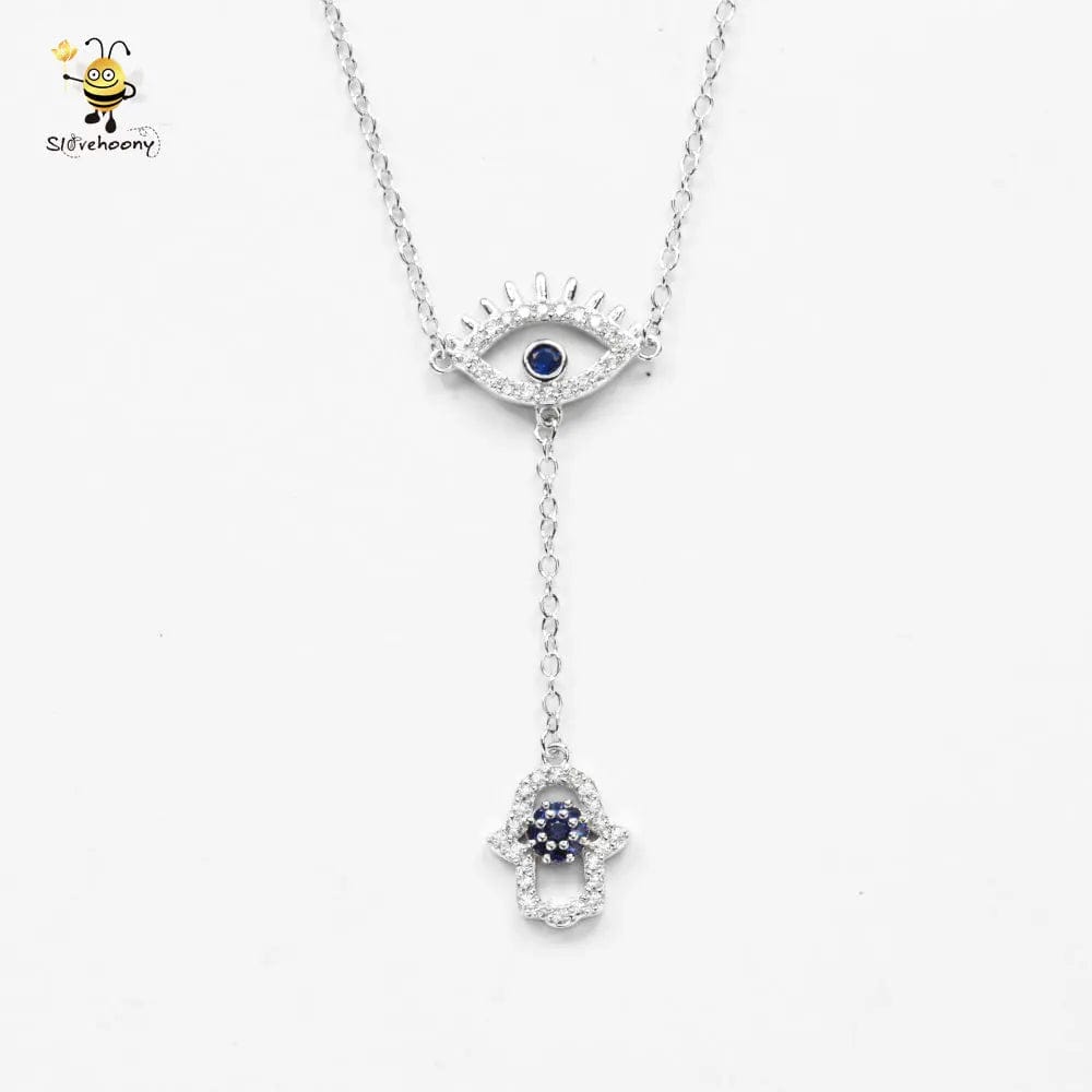 45CM+5CM(Adjustable) / YYYN0238 silver 925 Sterling Silver Y Shape Collare Jewelry Cubic Zirconia Link Chain Crystal Water Drop Evil Blue Eye Pendant Necklaces