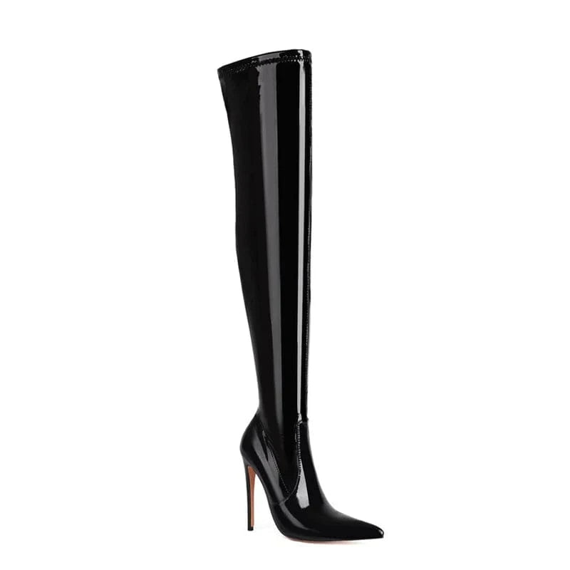 47 / Black patent Sexy Wide Fit Size 46 Skintight Side Half-zip Pointed Toe Shoes Women's Thigh High Boots Over The Knee Long Booties Customized