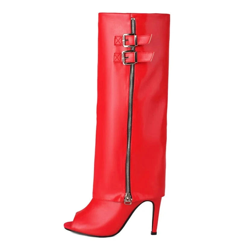 48 / Red Large Size 48 Sexy Thin High Heels Peep Toe Shoes Side Zipper Stiletto Summer Pants Boots Women's Metal Belt Knee High Booties