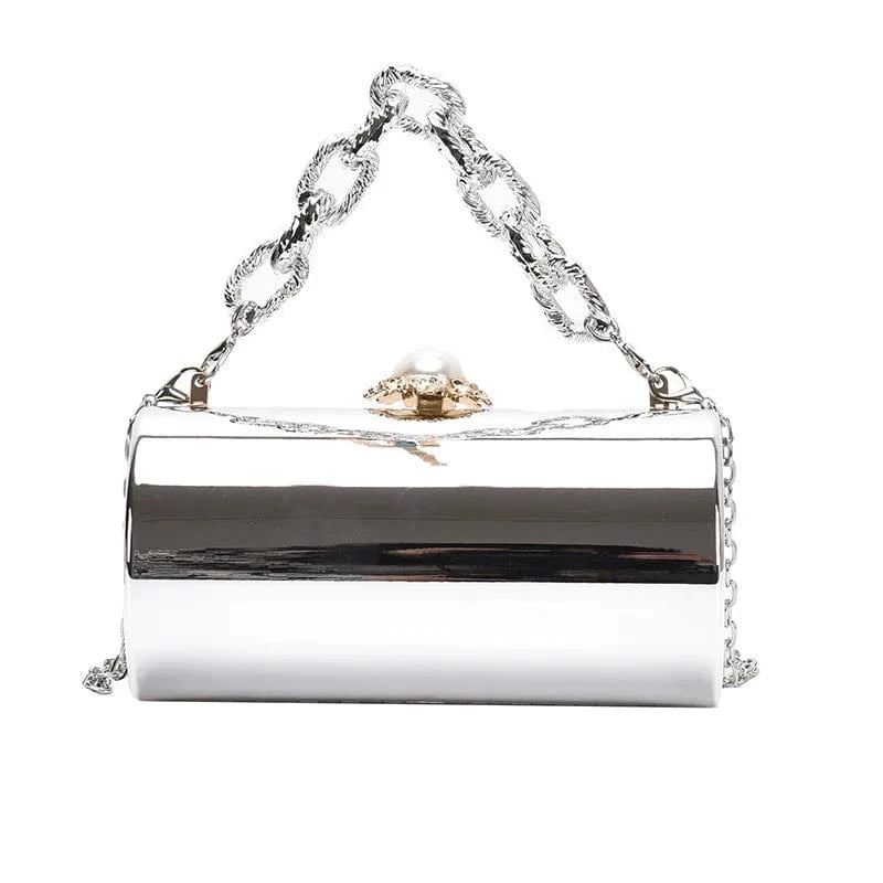 4918 Silver European High-end Luxury Women Party Evening Bags Designer Chain Cylinder Messenger Bag Pearl Lock Acrylic Clutch PVC Handbags