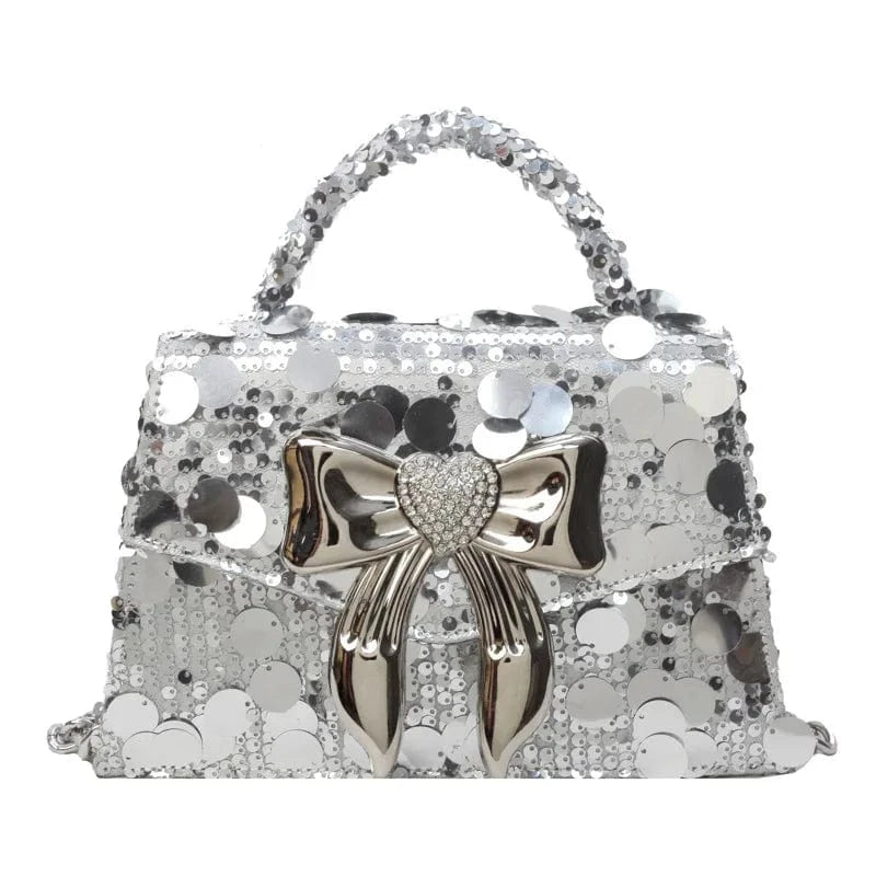 4981 Silver Fashion Silver Rhinestone Bow Handbags Women New Elegant Boutique Glittering Sequin Crossbody Bags Ladies Purse High Quality