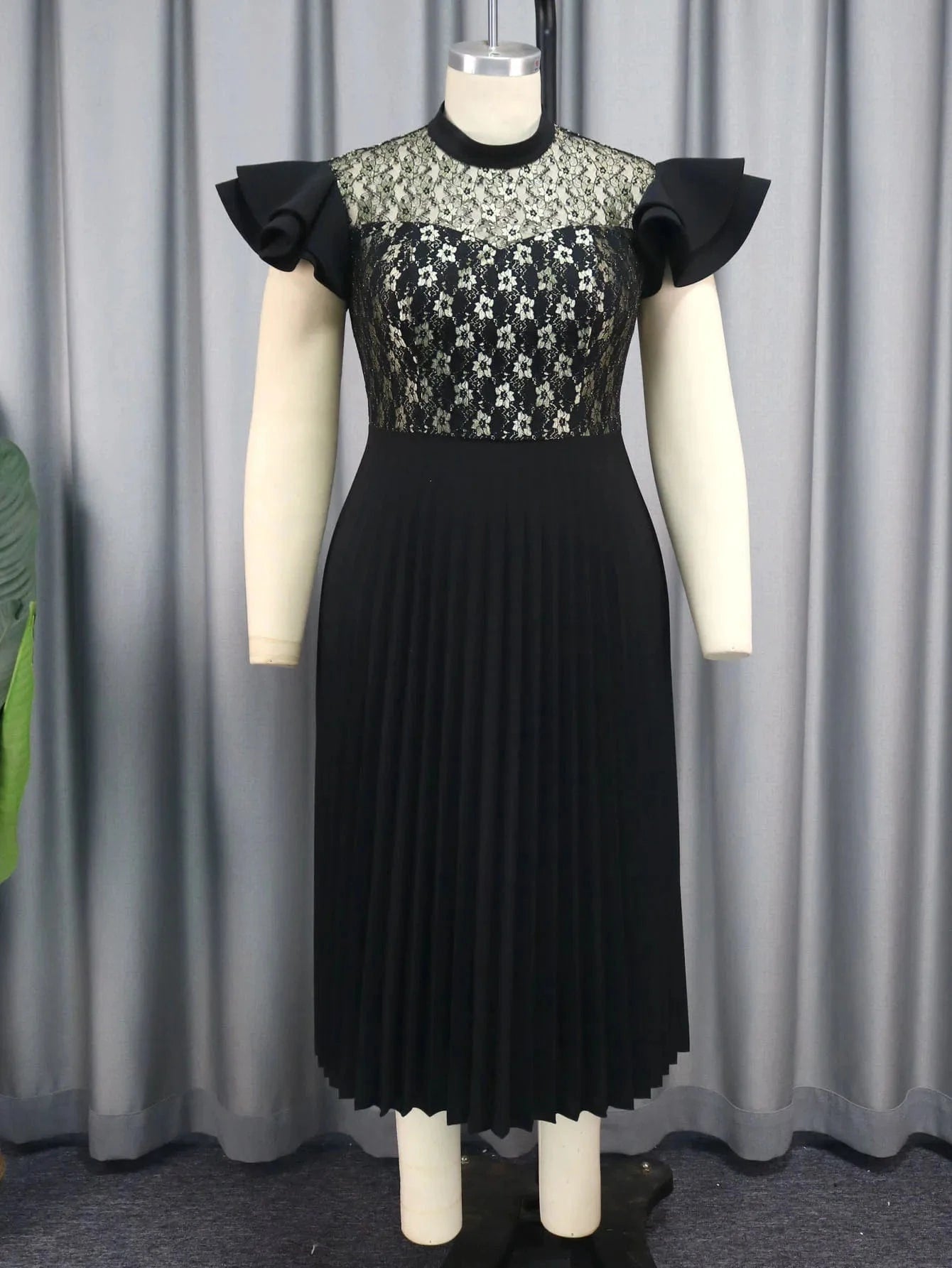 4XL / Black See Through Black Formal Midi Pleated Afrian Women Evening Lace Dress