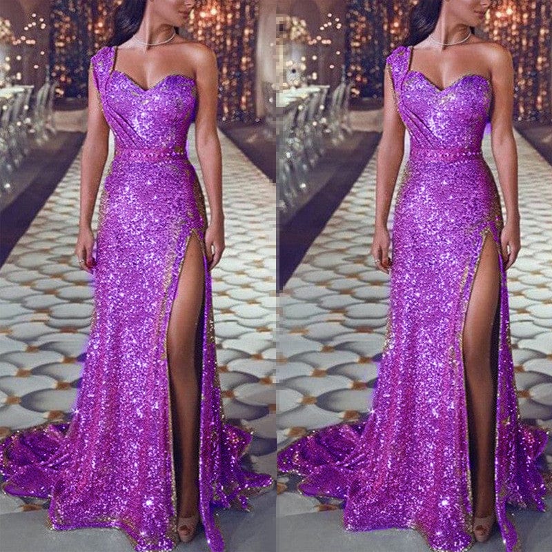 4XL / LF1904 purple One Shoulder Sleeveless Split Maxi Bridal Gowns Wedding Vestido Dress De Gala Vintage Dress Habit Pour Femme Evening Dresses