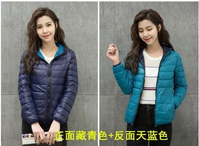 4XL / Navy Blue Sky Blue Female Double-sided Women's Light And Short White Duck Down Fashion Hooded Warm Winter Coat Autumn New Double-Sided Jacket