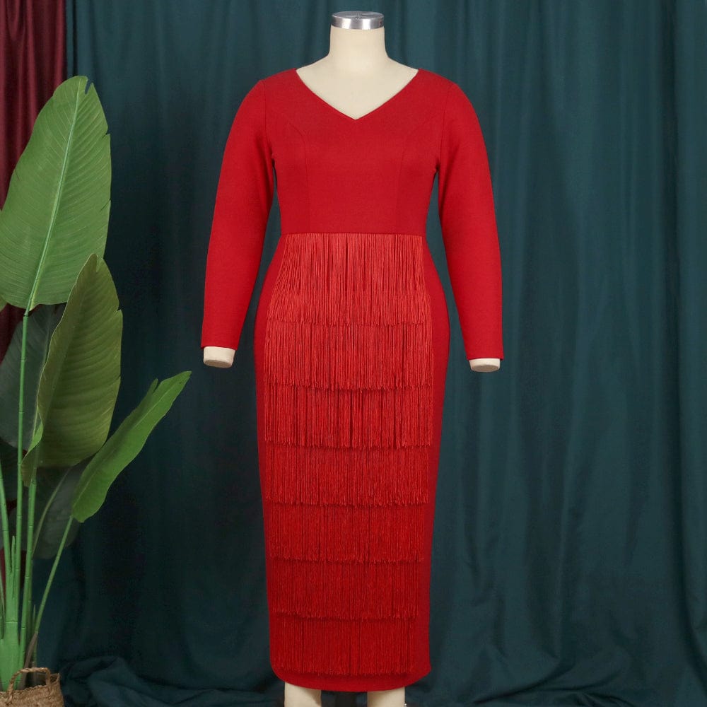 4XL / Red Spring Christmas Vintage Patchwork Party Tassel V Neck Women Evening Dress