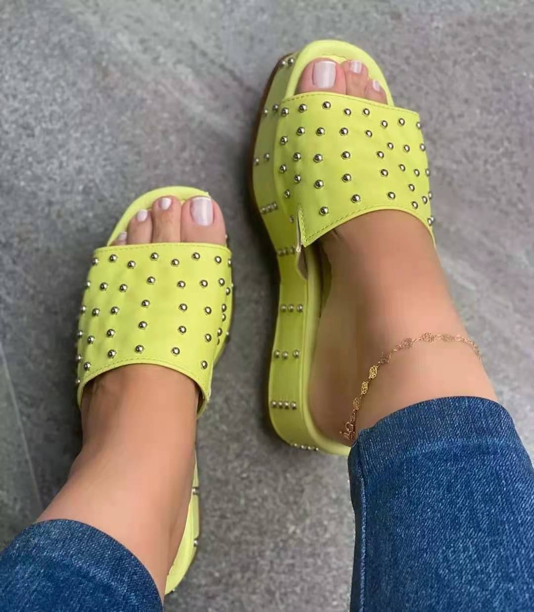 5.5 (EUR Size 35) / LJ0014 Yellow Fashion Fancy Wedge Shoes Studded Sexy Ladies Sandals Wedge Open Toe Black Sandals Causal Slippers Shoes For Ladies