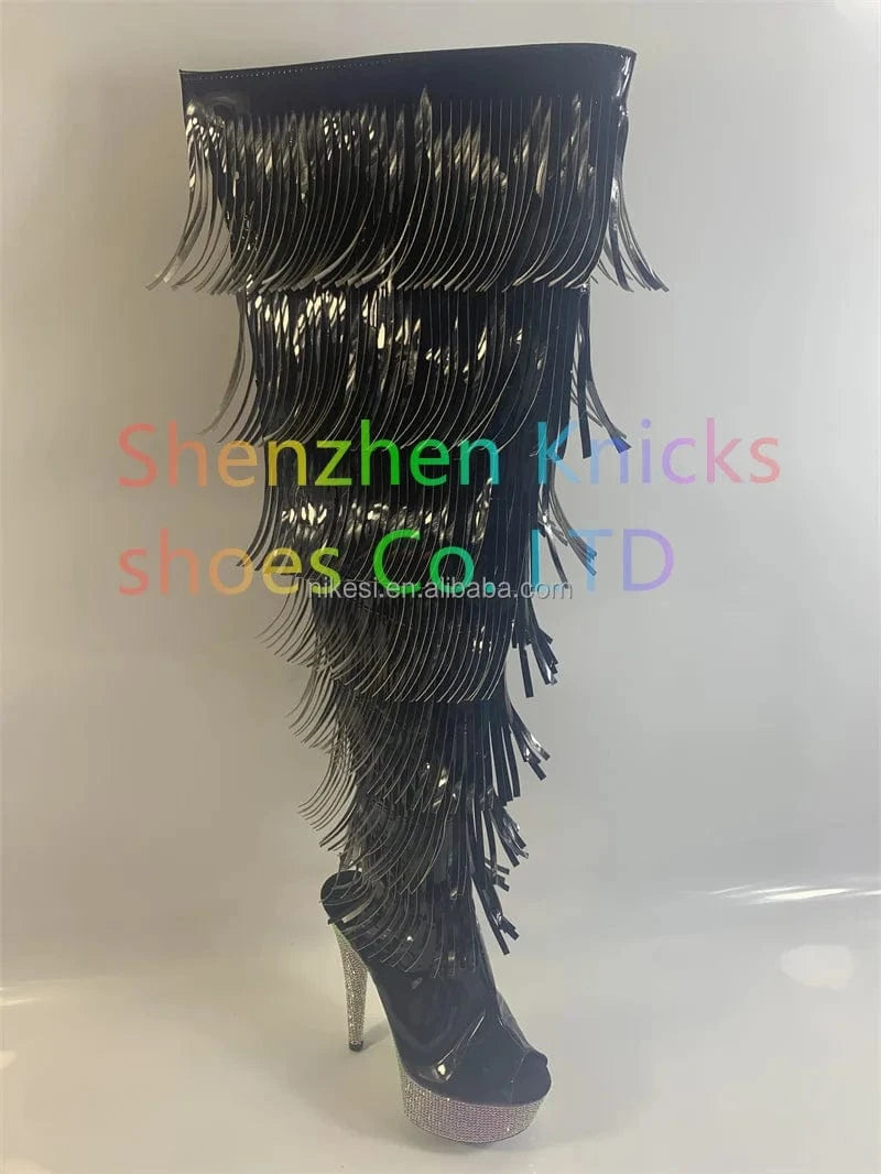 5 / Black 6 "- 15cm super high heel  diamond tassel boot AB diamond sole   Custom color shiny illusion shoes Magic colored leather  tassel