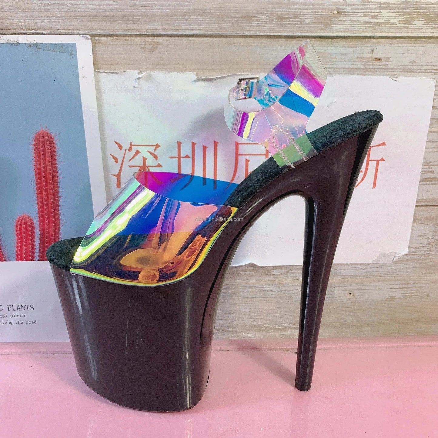 5 / Black 8inch-20cm sexy rainbow effect upper hate sky high pole dance sandals waterproof platform strappy sandals female