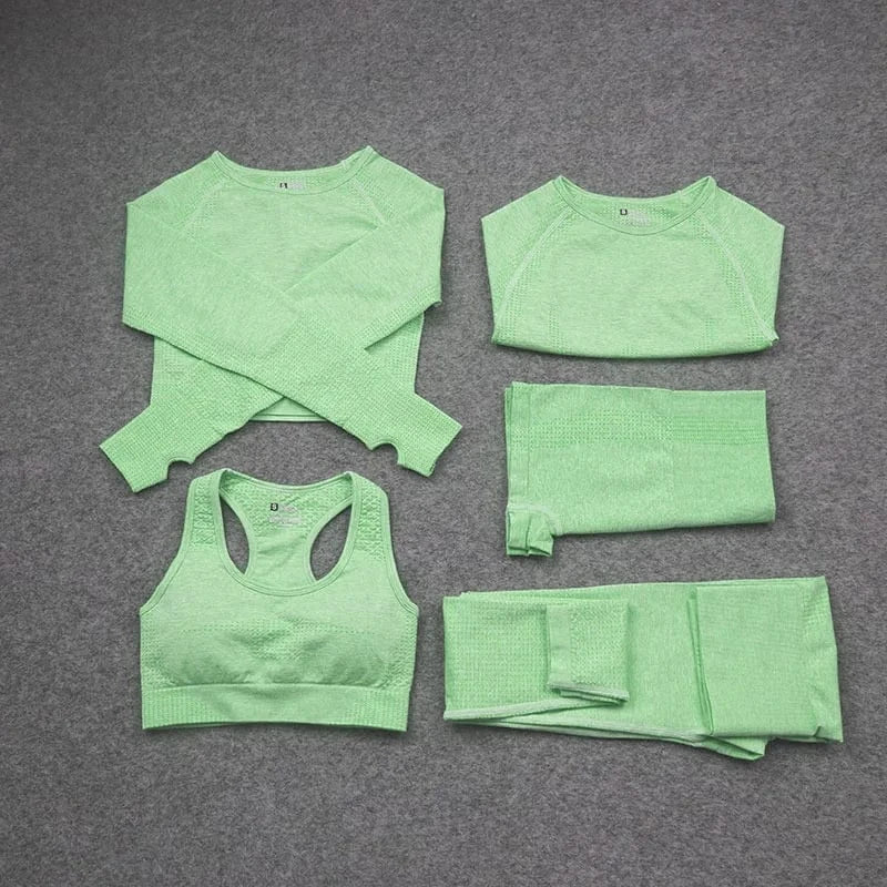 5 Piece Yoga sets Fitness Women Long Sleeve Crop Tank Top Outfit Bra Fitness Running Yoga legging short Active wear For women's