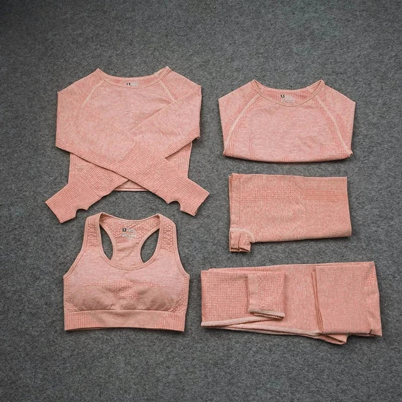 5 Piece Yoga sets Fitness Women Long Sleeve Crop Tank Top Outfit Bra Fitness Running Yoga legging short Active wear For women's