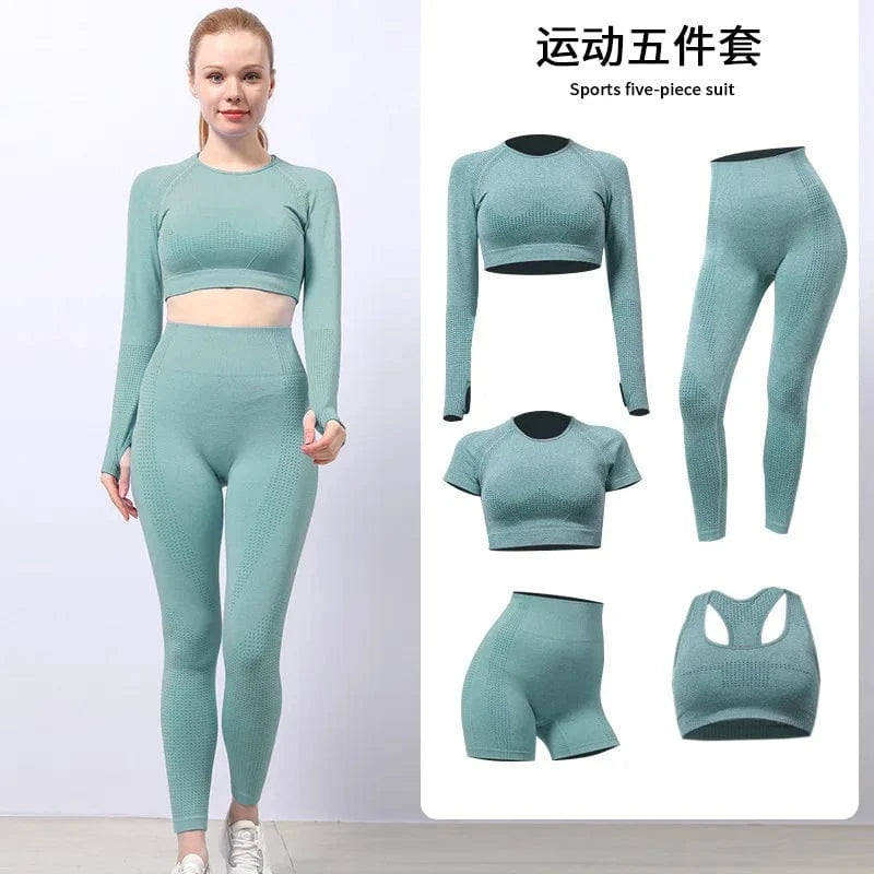 5 Piece Yoga sets Fitness Women Long Sleeve Crop Tank Top Outfit Bra Fitness Running Yoga legging short Active wear For women's