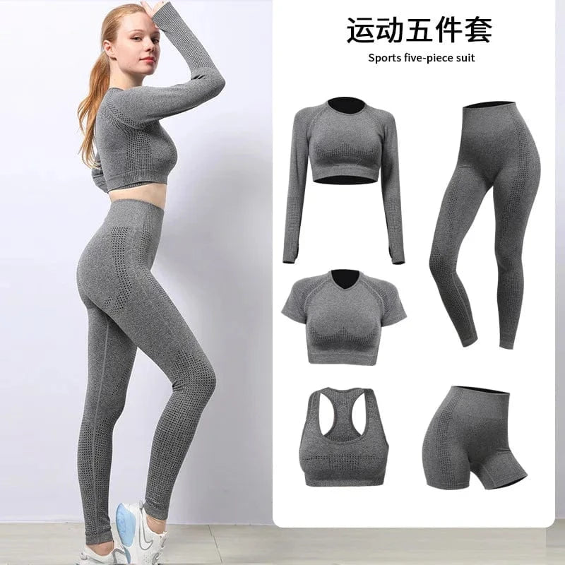5 Piece Yoga sets Fitness Women Long Sleeve Crop Tank Top Outfit Bra Fitness Running Yoga legging short Active wear For women's