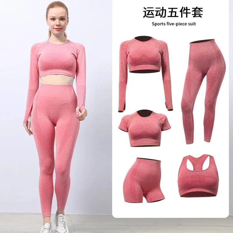 5 Piece Yoga sets Fitness Women Long Sleeve Crop Tank Top Outfit Bra Fitness Running Yoga legging short Active wear For women's