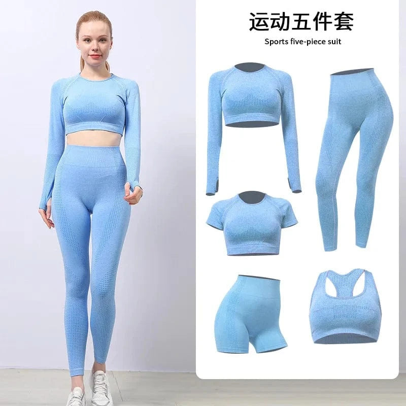 5 Piece Yoga sets Fitness Women Long Sleeve Crop Tank Top Outfit Bra Fitness Running Yoga legging short Active wear For women's
