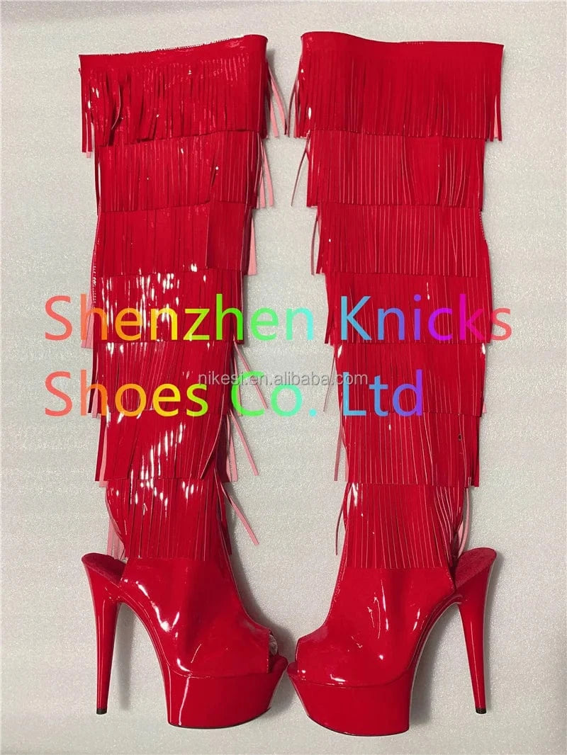 5 / Red+shine 6inch-15CM Black white and red  tassel boots super high heel  Leather material  tassel boot