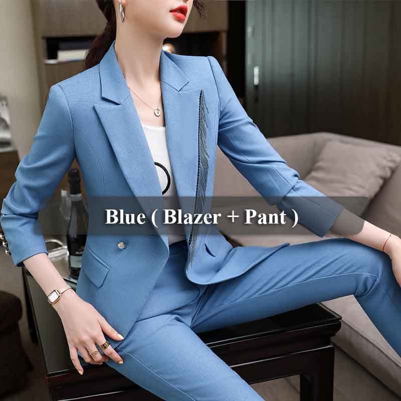 5 XL / 2 Piece Blue Pant Suit High-quality Wholesale Candy Color Tassel 2 Piece Suit Set for Women Clothes Suit Business Office Lady Work Wear Pant Suits