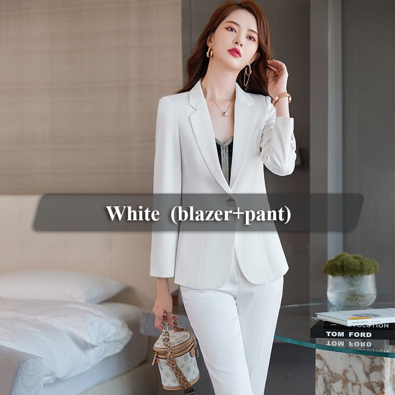 5 XL / 2 Piece white pant Suit OEM High-Quality 2 Piece Set Blue Formal Fashion Pant Suit Blazer with Pockets Office Lady Women Jacket and Trousers Plus size