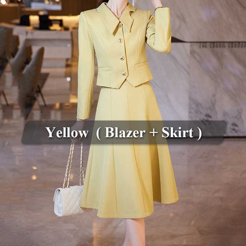 5 XL / 2 Piece Yellow skirt Suit OEM High-Quality 2 Piece Dealers Set Office Ladies Candy Color Skirt Suit Designs Women Business Suits for work Formal Wear
