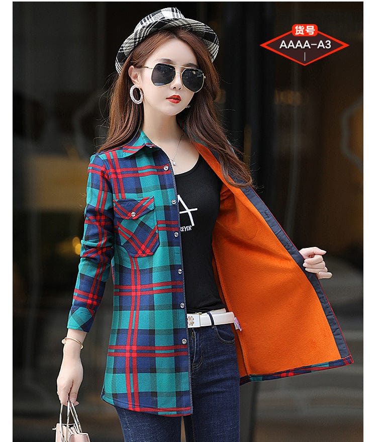 5 XL / A3 Velvet Thick Warm Women's Plaid Shirt Female Long Sleeve Tops M-5XL Winter Fleece Casual Check Blouse Autumn Clothes T18620Y