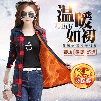5 XL / A5 Velvet Thick Warm Women's Plaid Shirt Female Long Sleeve Tops M-5XL Winter Fleece Casual Check Blouse Autumn Clothes T18620Y