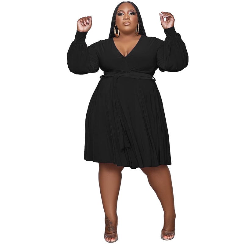 5 XL / black 2023 New Arrivals Spring Women Clothing Solid Color V Neck Lace Up Belt Loose Casual Knee Length Knit Plus Size Dress