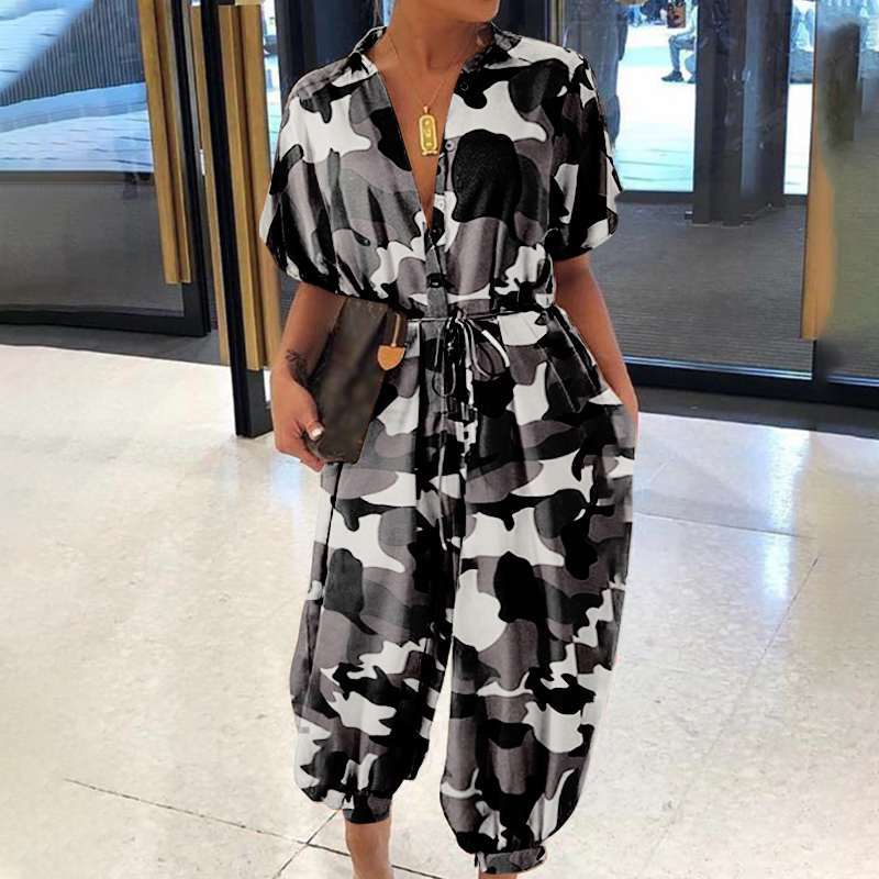 5 XL / Black Camo 2022 Summer Women Cargo Romper Jumpsuits Fashion Casual Short Sleeve Plus Size Loose Cargo Jumpsuit with Pockets