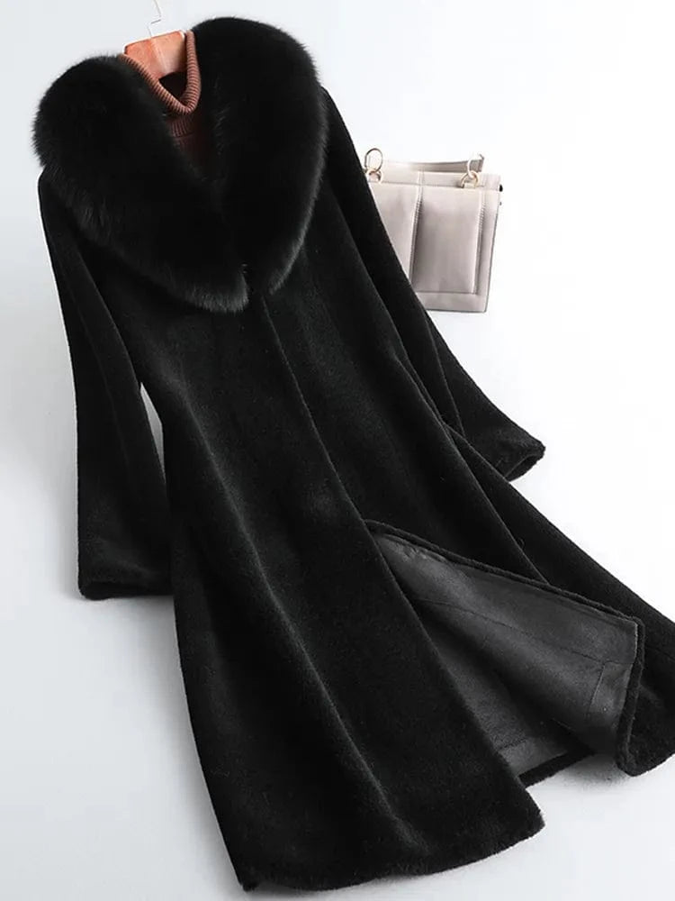5 XL / Black PUDI Winter Woman Real Fox Fur Wool Coat Jacket Female Long Sheep Shearing Over Size Black Trench Parka CT197