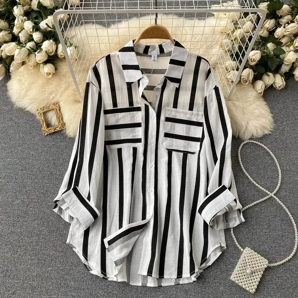 5 XL / Black Spring And Autumn Women's New Mid-length Vertical Stripes Multi-color Shirt Lapel Coat Female Casual Loose Blouse