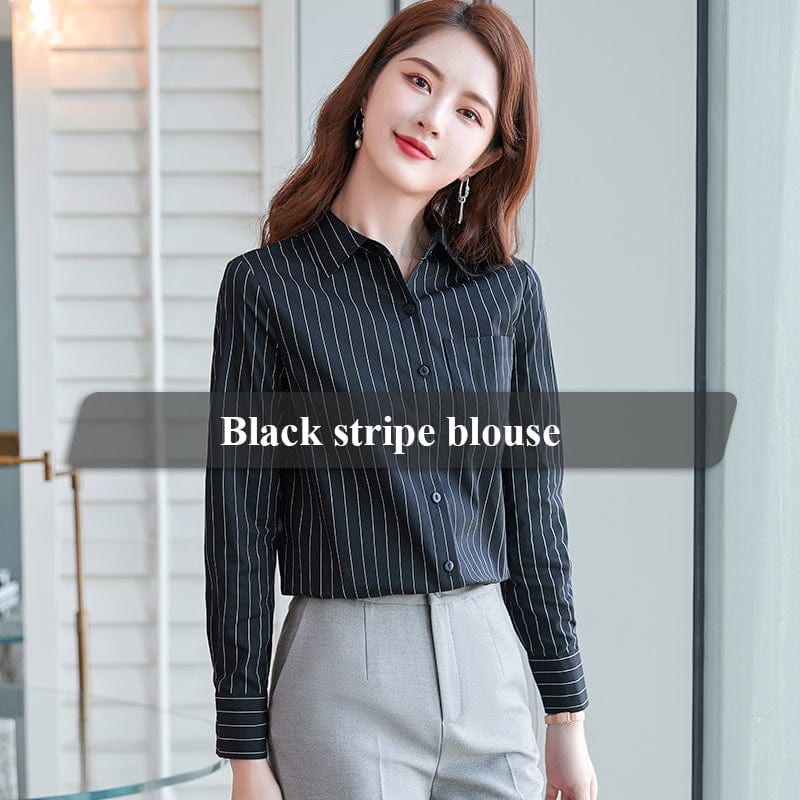 5 XL / Black stripe Wholesale Dropship OEM Fashion elegant Blue Stripe Blouse With Work Wear Office Lady Female Tops Chemise Loose Style Shirt