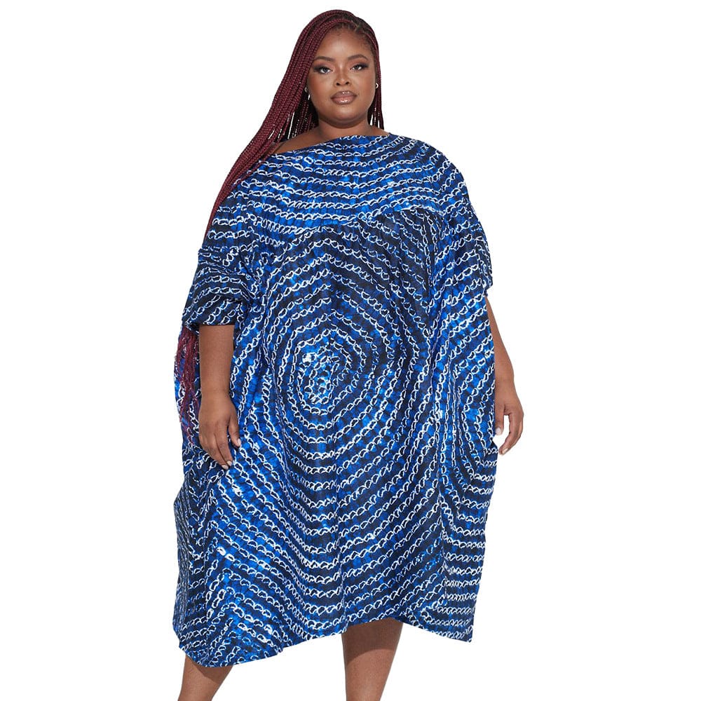 5 XL / Blue BR3083 New plus size one-line collar fashionable printed high waist dress