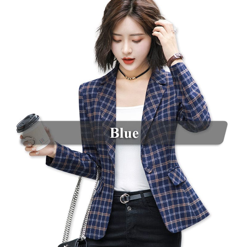 5 XL / Blue OEM Soft and Comfortable High-quality Plaid Jacket with Pocket Office Lady Casual Style Blazer Women Wear Single Button Coat