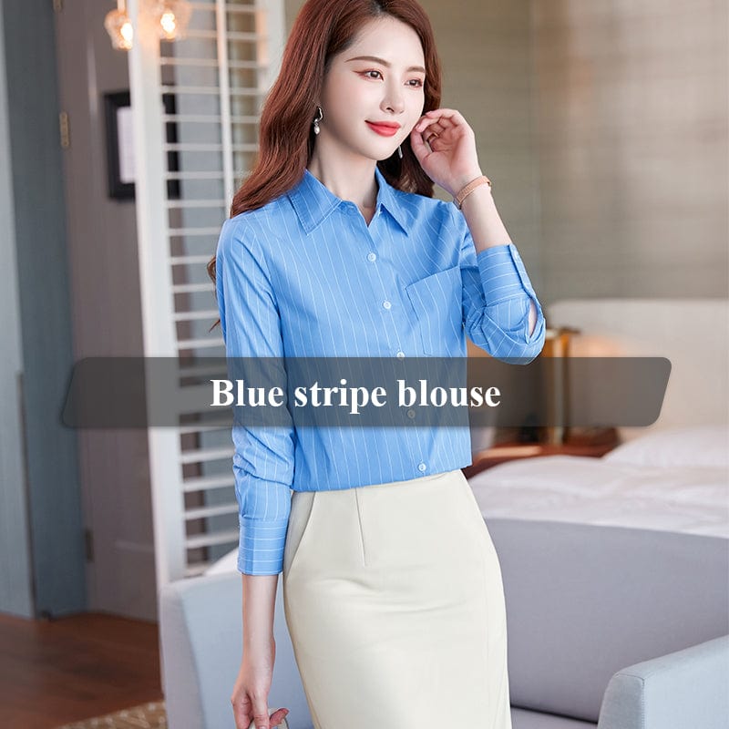 5 XL / Blue stripe Wholesale Dropship OEM Fashion elegant Blue Stripe Blouse With Work Wear Office Lady Female Tops Chemise Loose Style Shirt