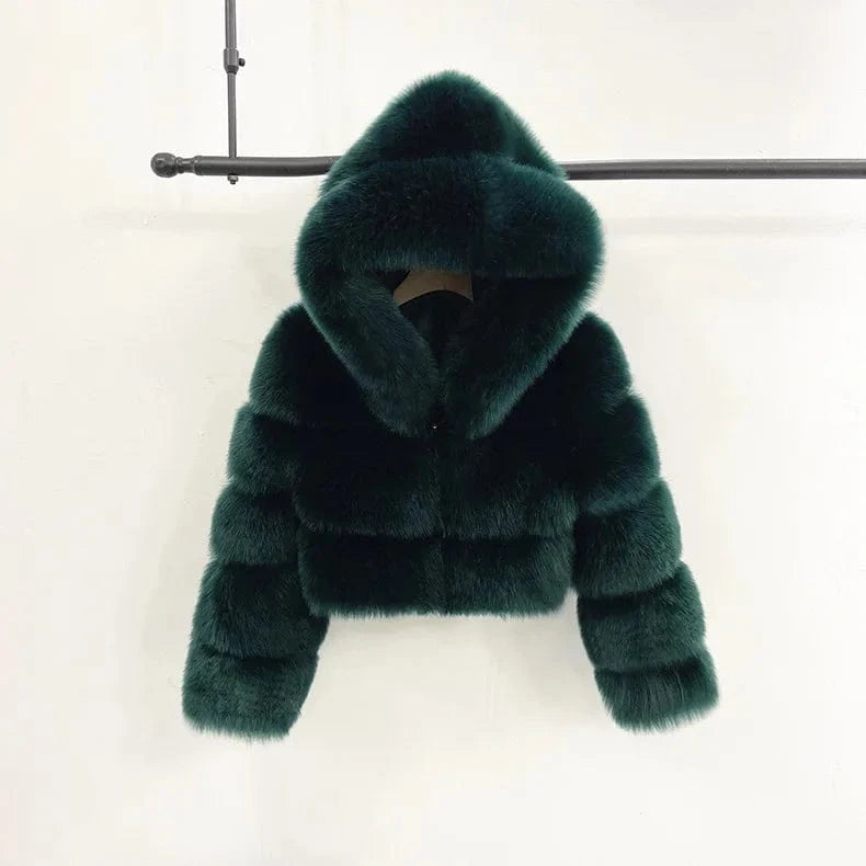 5 XL / dark green Women Fur Coat Hooded Crop Solid Thick zipper Fashion Women Short Length Regular From S-XXXXXXXXL  8XL  Plus Size  Woman Jacket
