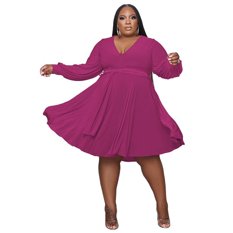 5 XL / Fuchsia 2023 New Arrivals Spring Women Clothing Solid Color V Neck Lace Up Belt Loose Casual Knee Length Knit Plus Size Dress