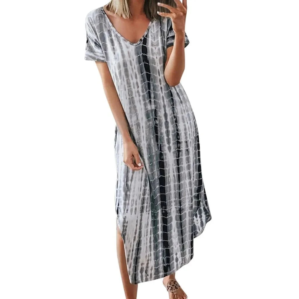 5 XL / Gray Summer Women Dresses Tie Dye Print Side Split Loose Long Dress Curved Hem V Neck Short Sleeve Maxi Dress EQ1069