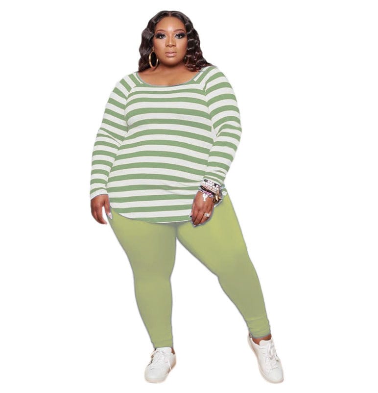 5 XL / green Causal Striped Cozy Casual Off-Shoulder 2 Piece Long Sleeve Set Women Fall Sets for Women Two Pieces