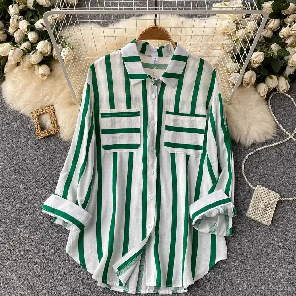 5 XL / green Spring And Autumn Women's New Mid-length Vertical Stripes Multi-color Shirt Lapel Coat Female Casual Loose Blouse