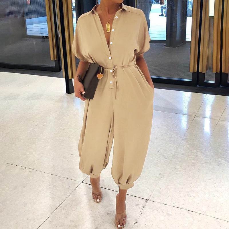 5 XL / Khaki 2022 Summer Women Cargo Romper Jumpsuits Fashion Casual Short Sleeve Plus Size Loose Cargo Jumpsuit with Pockets